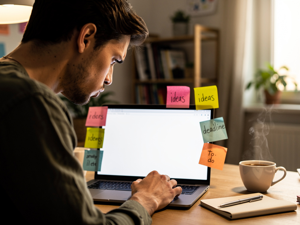 Introdução ao problema de não ter um calendário editorial, contexto de empreendedor olhando para tela em branco