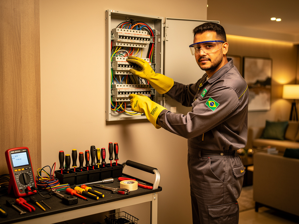 Imagem de abertura: eletricista profissional com EPIs trabalhando em quadro elétrico residencial eletricista perto de mim