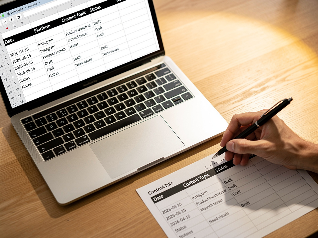Modelo de calendário editorial sendo preenchido, planilha simples visível