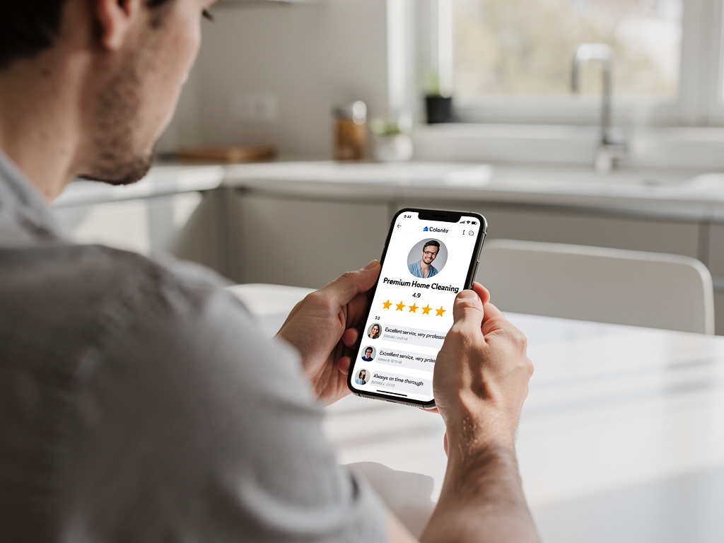 Ilustração do processo de verificação: pessoa analisando avaliações no celular antes de contratar um serviço eletricista perto de mim