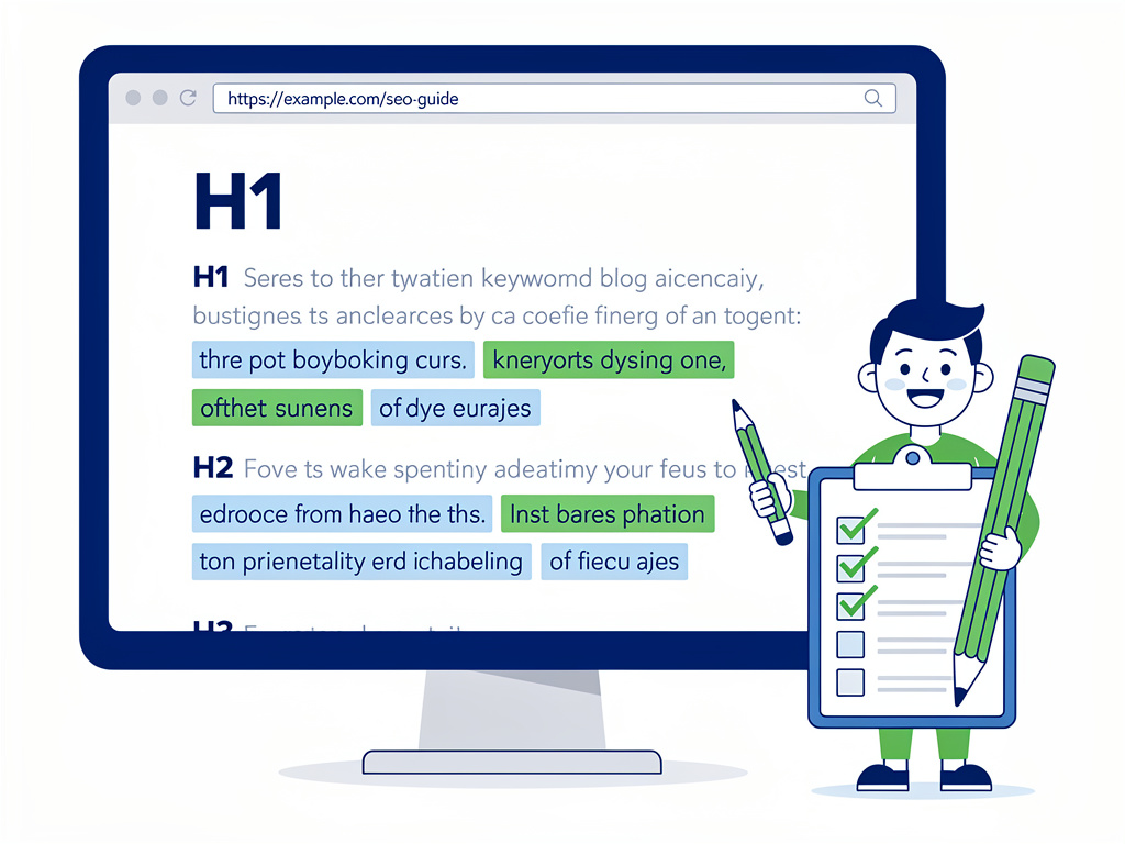 Checklist section covering headings structure, URL optimization, and keyword usage in blog articles.