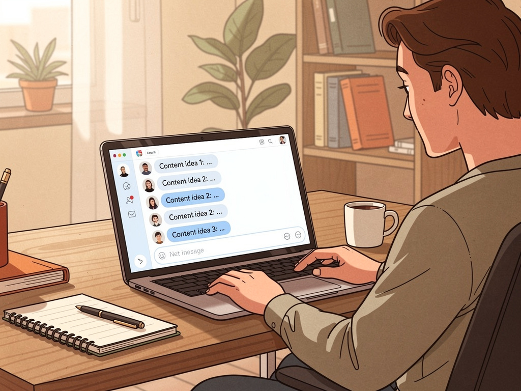 Empreendedor usando IA para gerar ideias de conteúdo, tela de chat com IA visível