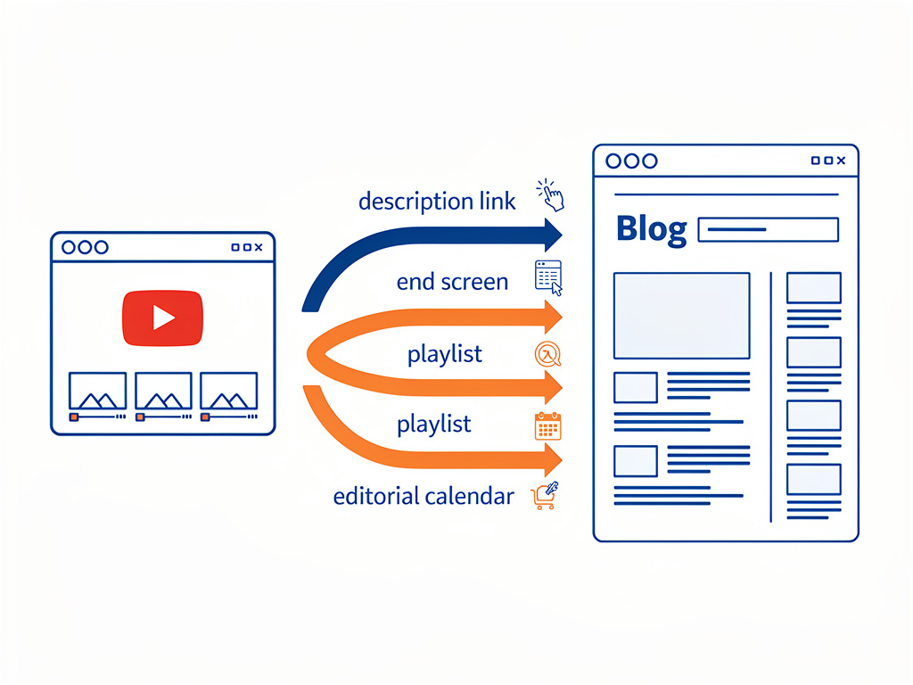 Estratégia de conectar o YouTube ao blog: links na descrição, cartões do YouTube, lista de reprodução e calendário editorial integrado